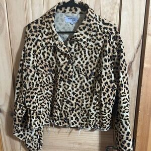 Working Title Women Cropped Leopard Print Denim Jacket